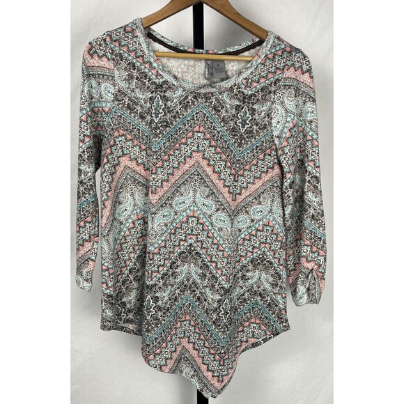 New Directions Weekend Boho Top Medium Asymmetrical Earthy Paisley Free Spirit - Picture 1 of 3